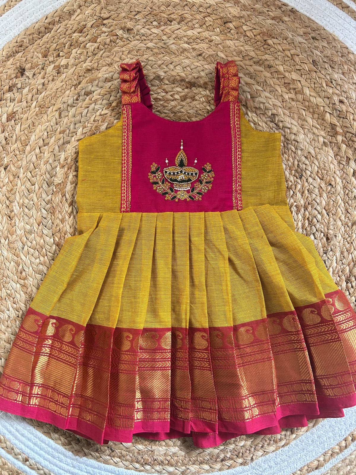 Turmeric yellow with pink Diya Embroidery Ethnic Wear for Baby Girl – Traditional frock for Baby Girl