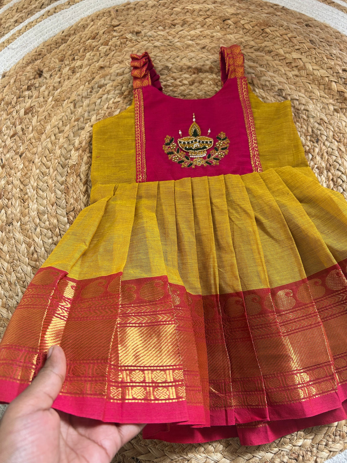 Turmeric yellow with pink Diya Embroidery Ethnic Wear for Baby Girl – Traditional frock for Baby Girl