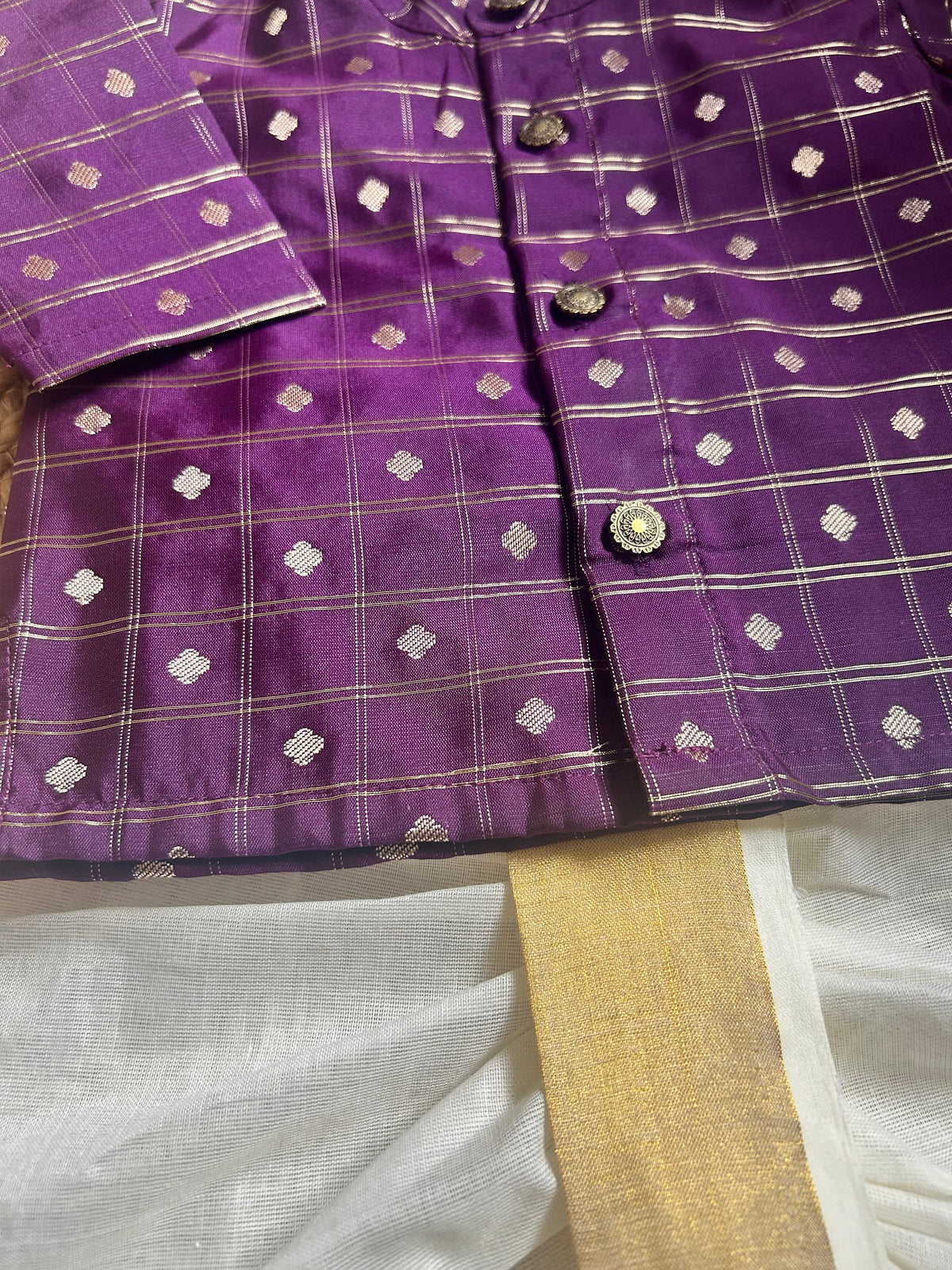 Reshme chowka purple with handloom cotton white with zari dhoti ethnic wear for baby boy