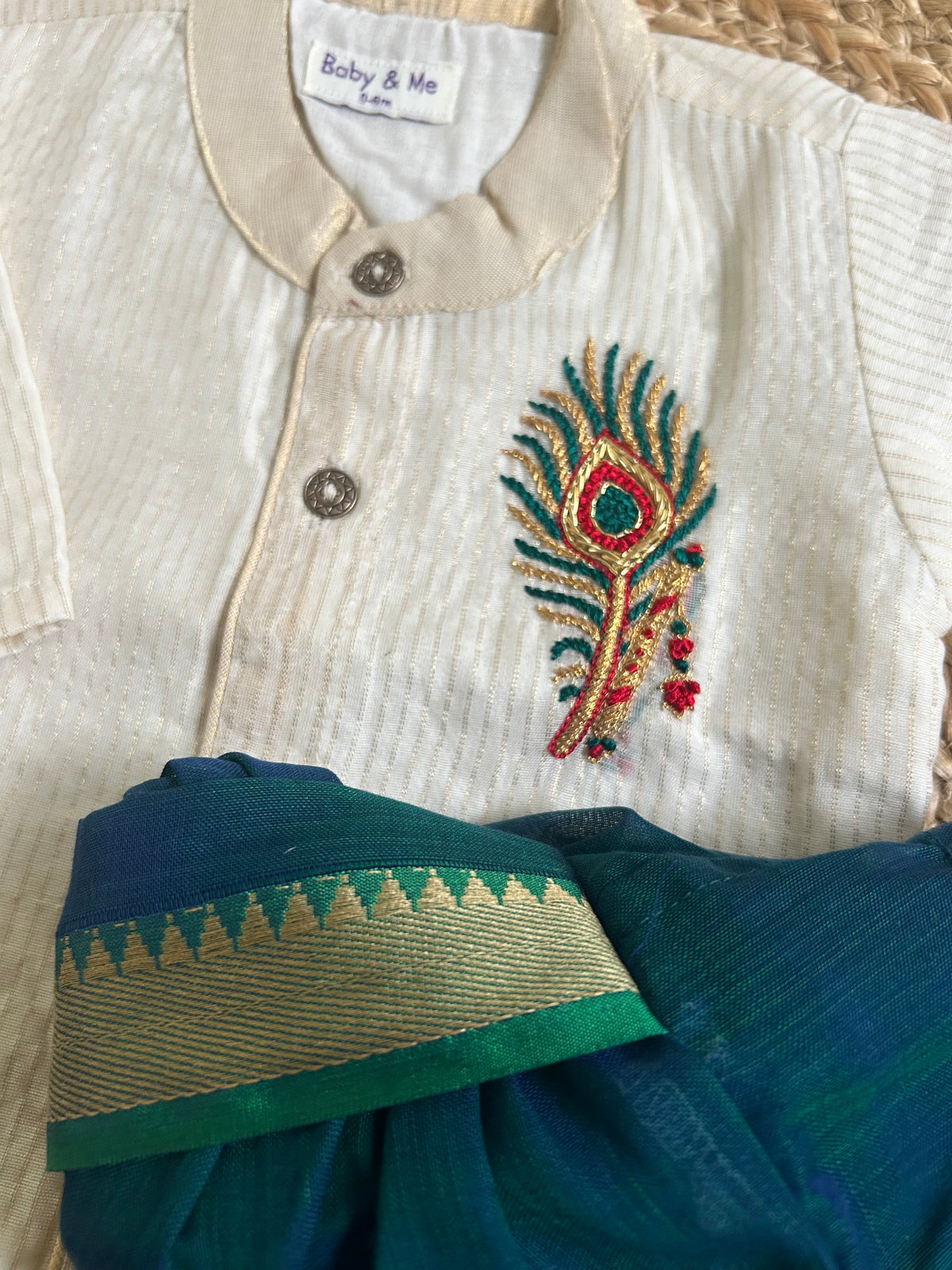 White with Gold Traditional Peacock Feather Embroidery with Peacock Blue Dhoti  for baby boy