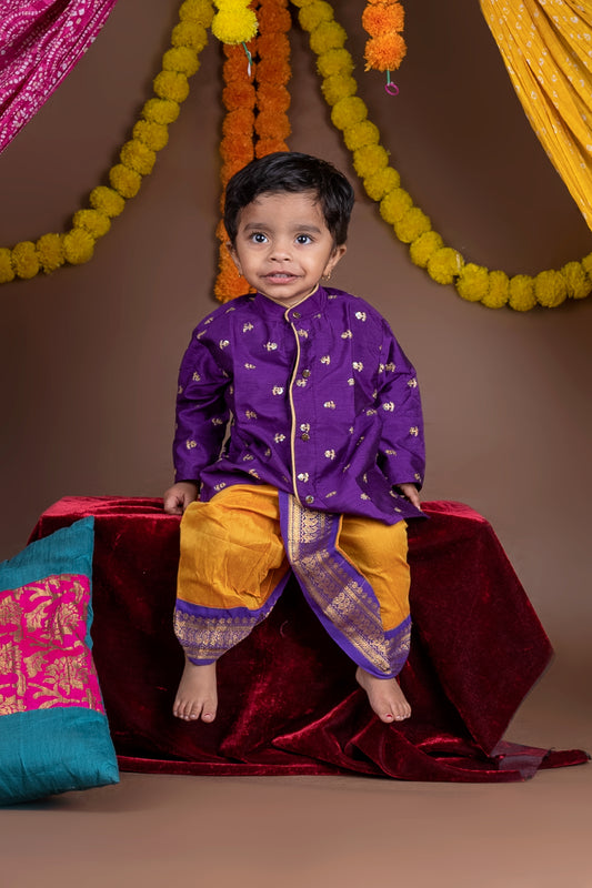 Purple with mustard shade kurta dhoti ethnic wear for baby boy