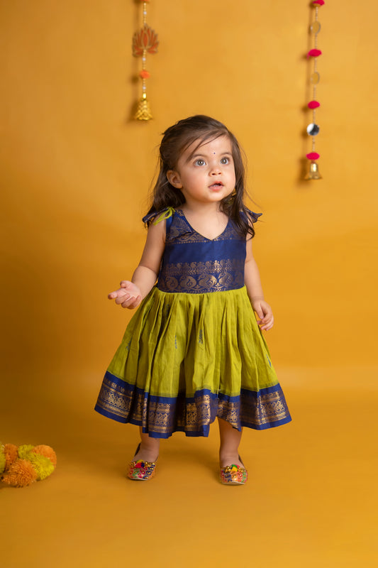 Lime green with Navy blue tie up dress for baby girl, pure raw silk, premium quality