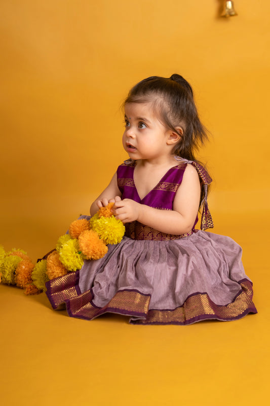 Wine with lavender tie up ethnic dress soft kalyani cotton with zari border for baby girl