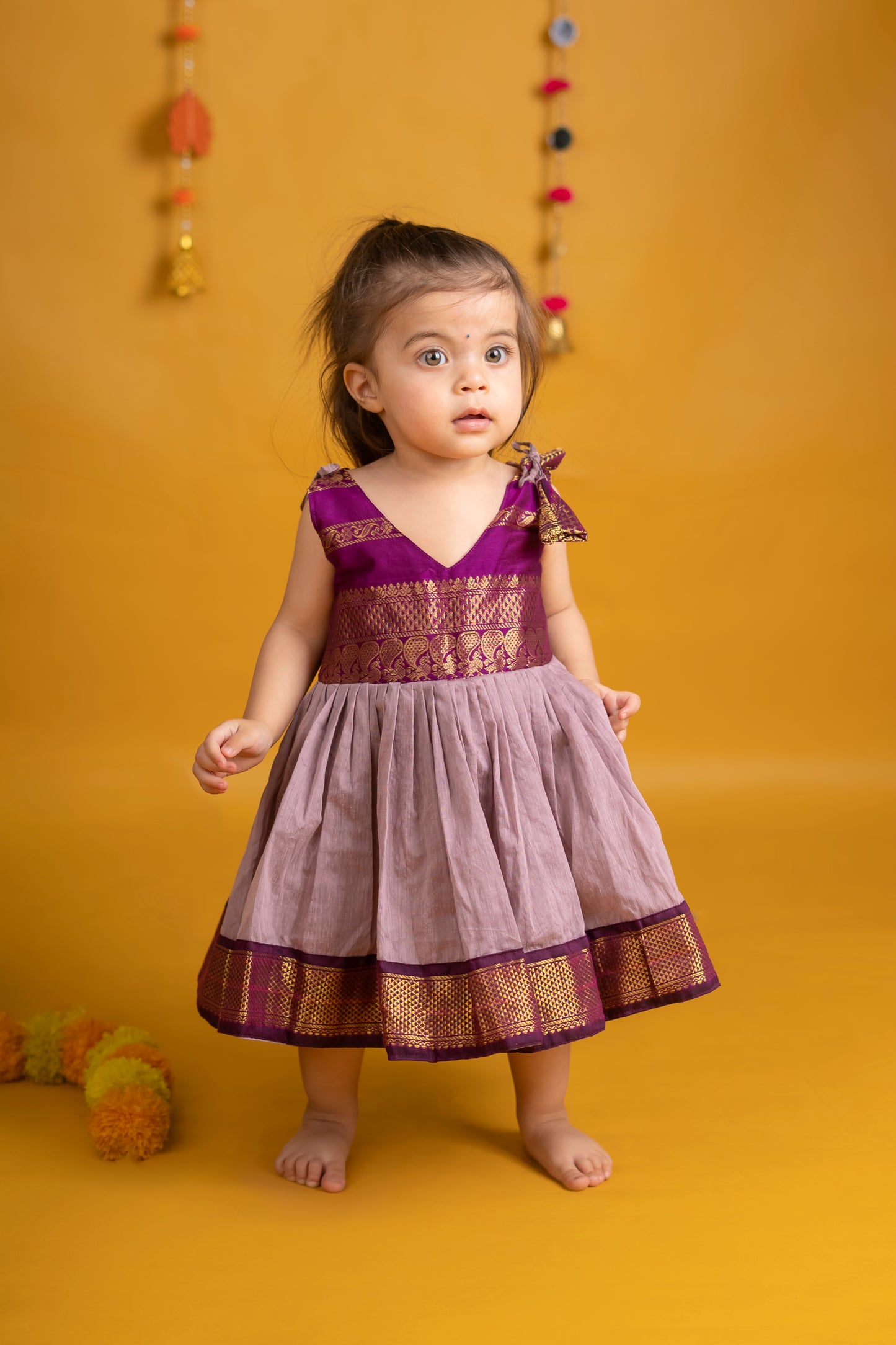 Wine with lavender tie up ethnic dress soft kalyani cotton with zari border for baby girl