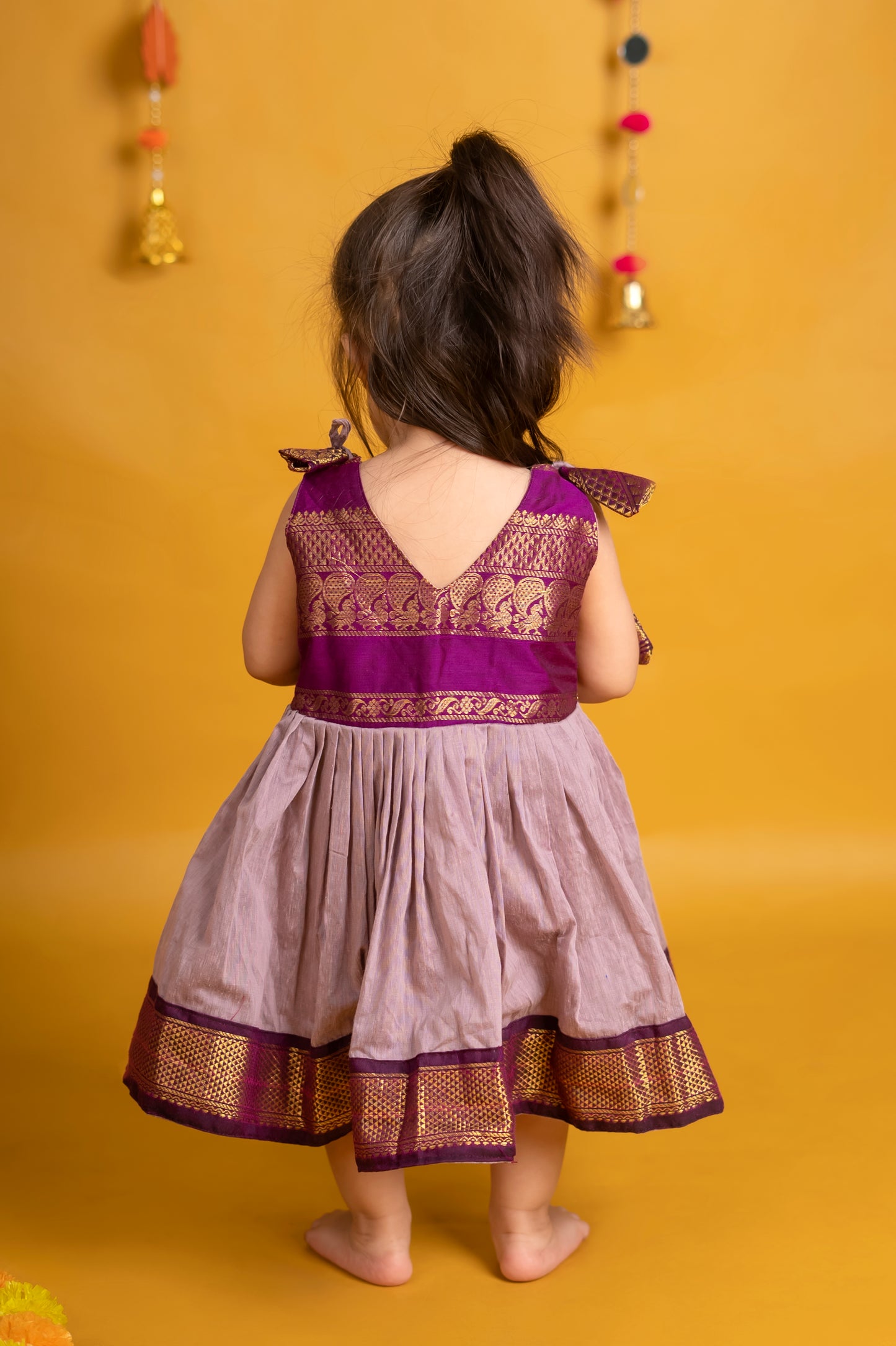 Wine with lavender tie up ethnic dress soft kalyani cotton with zari border for baby girl