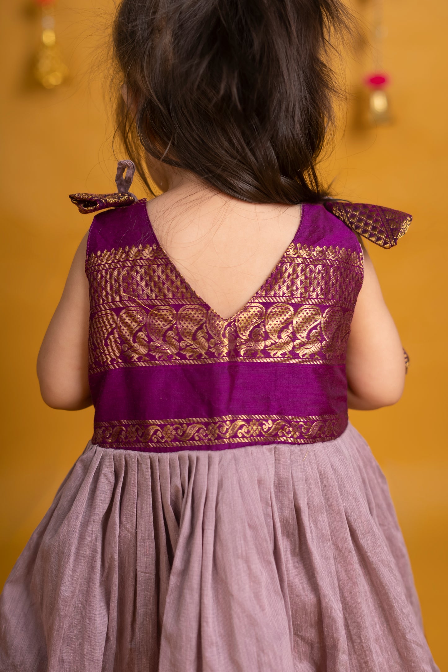 Wine with lavender tie up ethnic dress soft kalyani cotton with zari border for baby girl