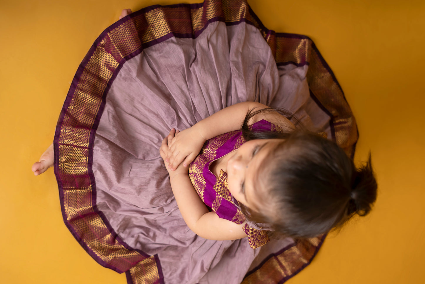 Wine with lavender tie up ethnic dress soft kalyani cotton with zari border for baby girl