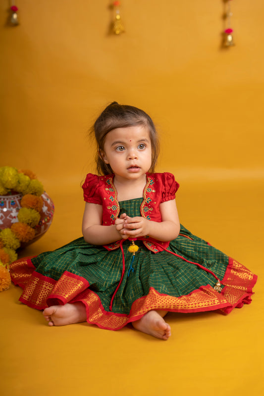 Traditional green and red checked langa jacket ethnic wear for baby girl