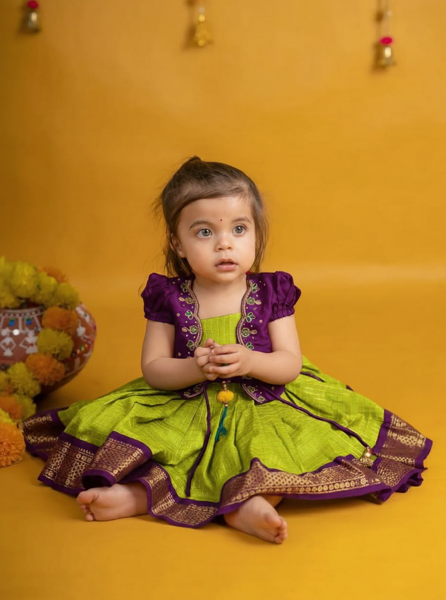 Lime Green and Wine Embroidered Jacket Ethnic Wear for Girls – Traditional Baby Girl Outfit