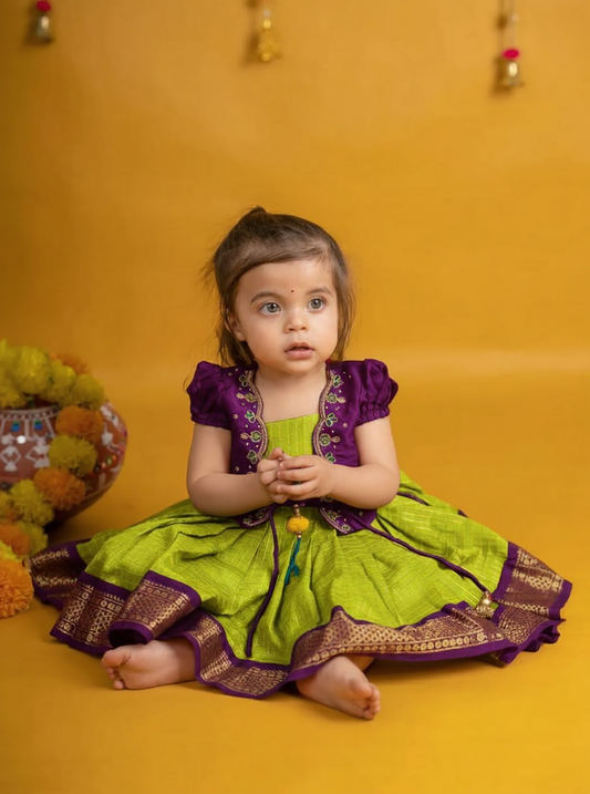 Lime Green and Wine Embroidered Jacket Ethnic Wear for Girls – Traditional Baby Girl Outfit