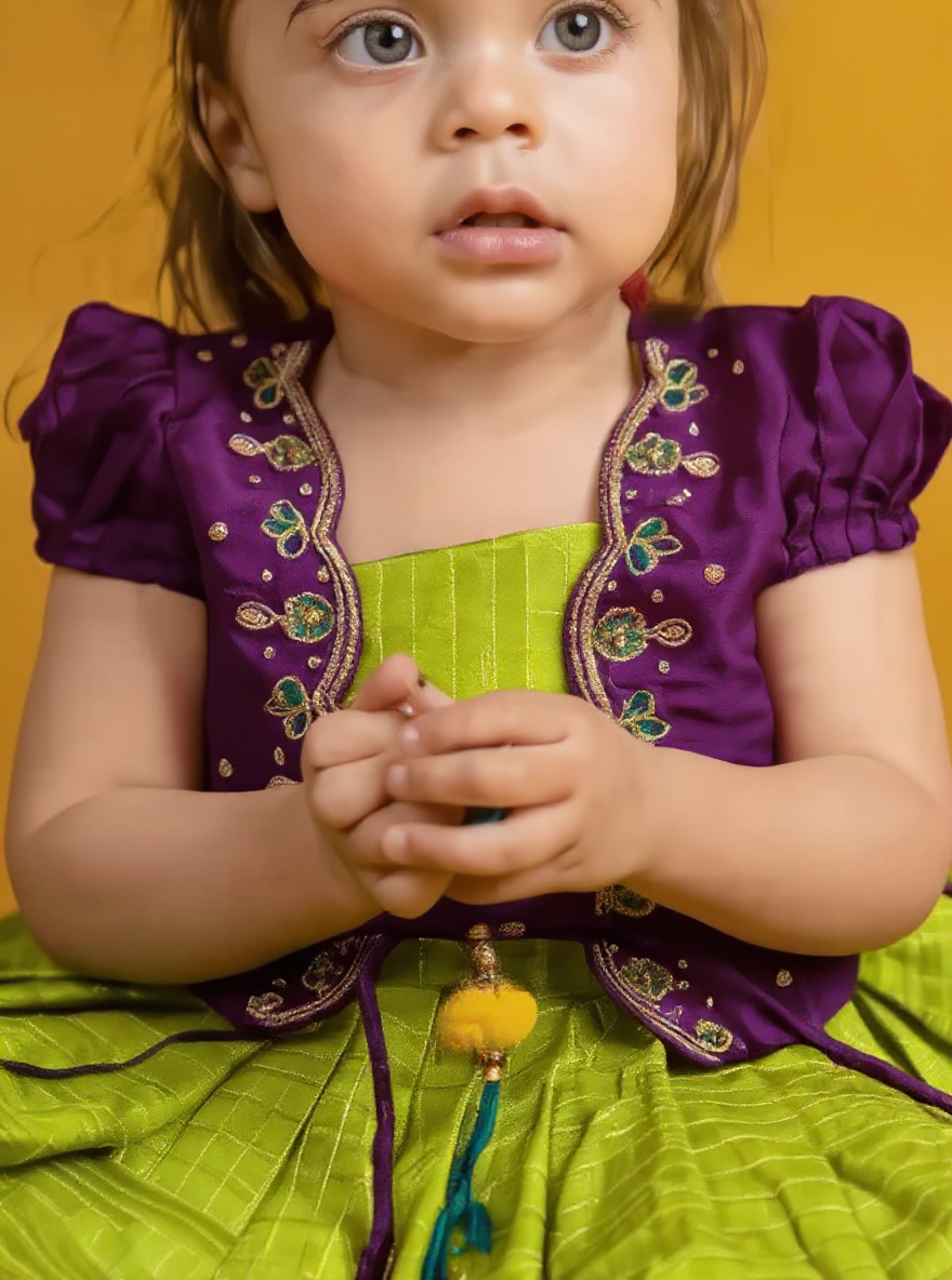 Lime Green and Wine Embroidered Jacket Ethnic Wear for Girls – Traditional Baby Girl Outfit