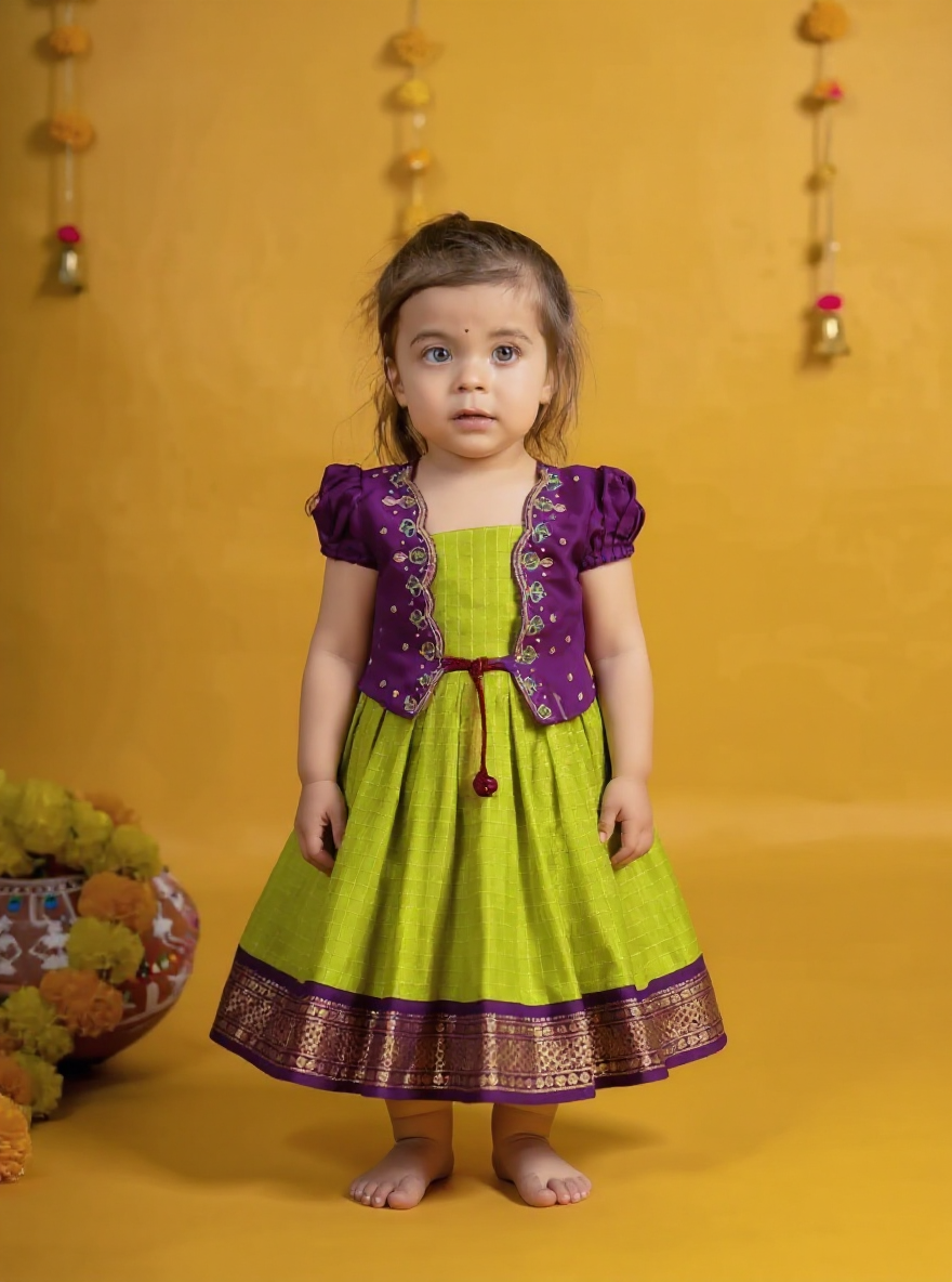 Lime Green and Wine Embroidered Jacket Ethnic Wear for Girls – Traditional Baby Girl Outfit