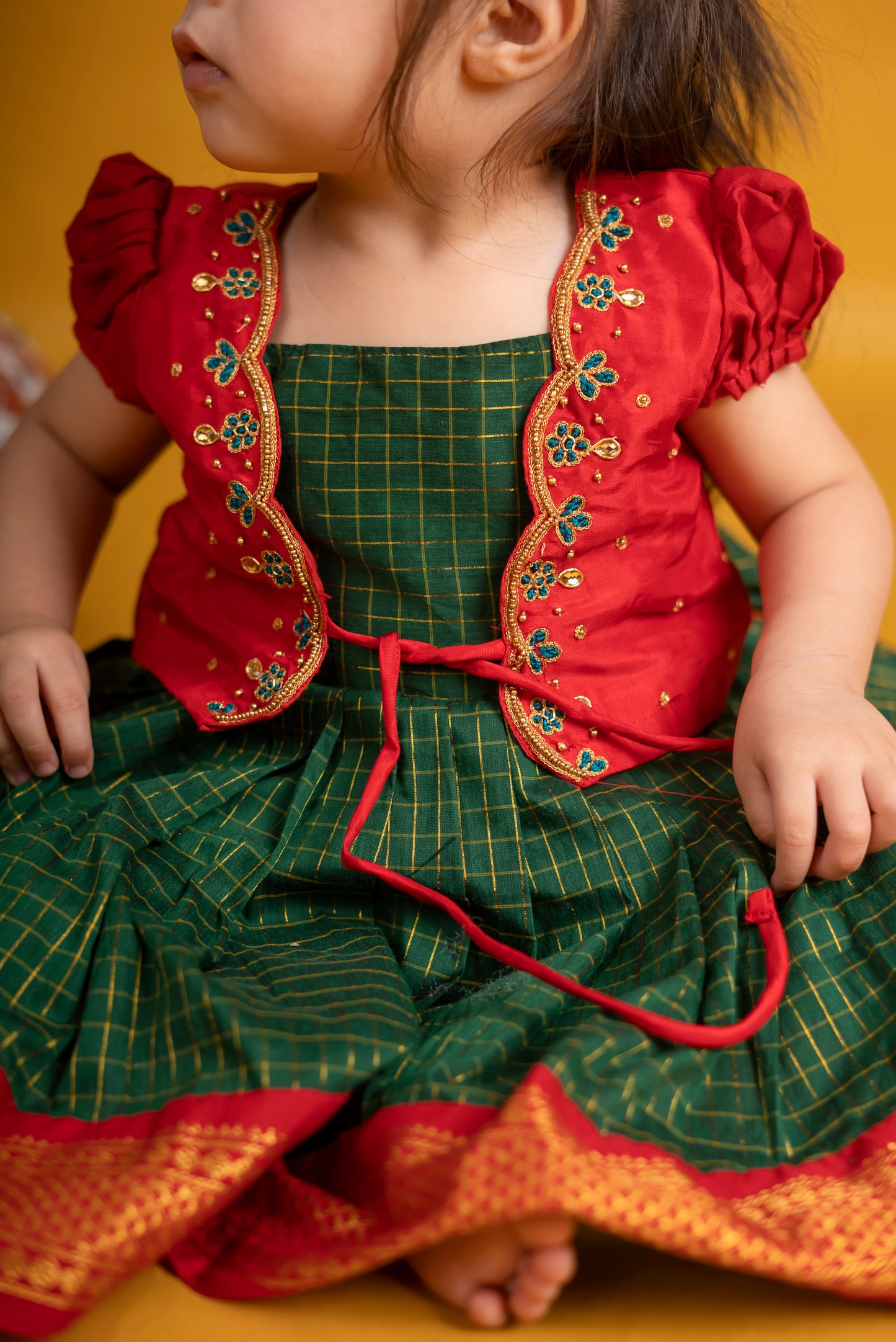 Traditional green and red checked langa jacket ethnic wear for baby girl