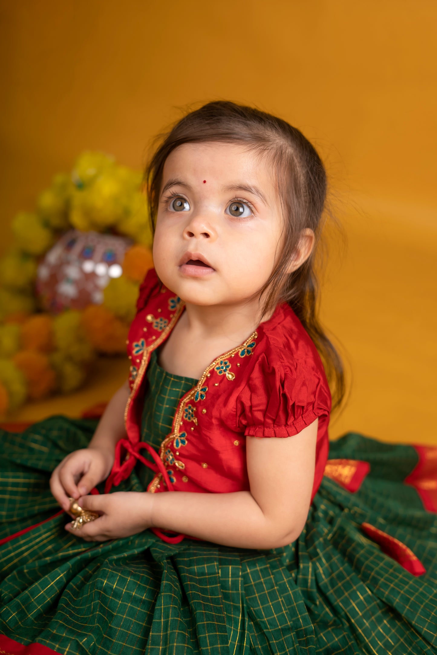 Traditional green and red checked langa jacket ethnic wear for baby girl