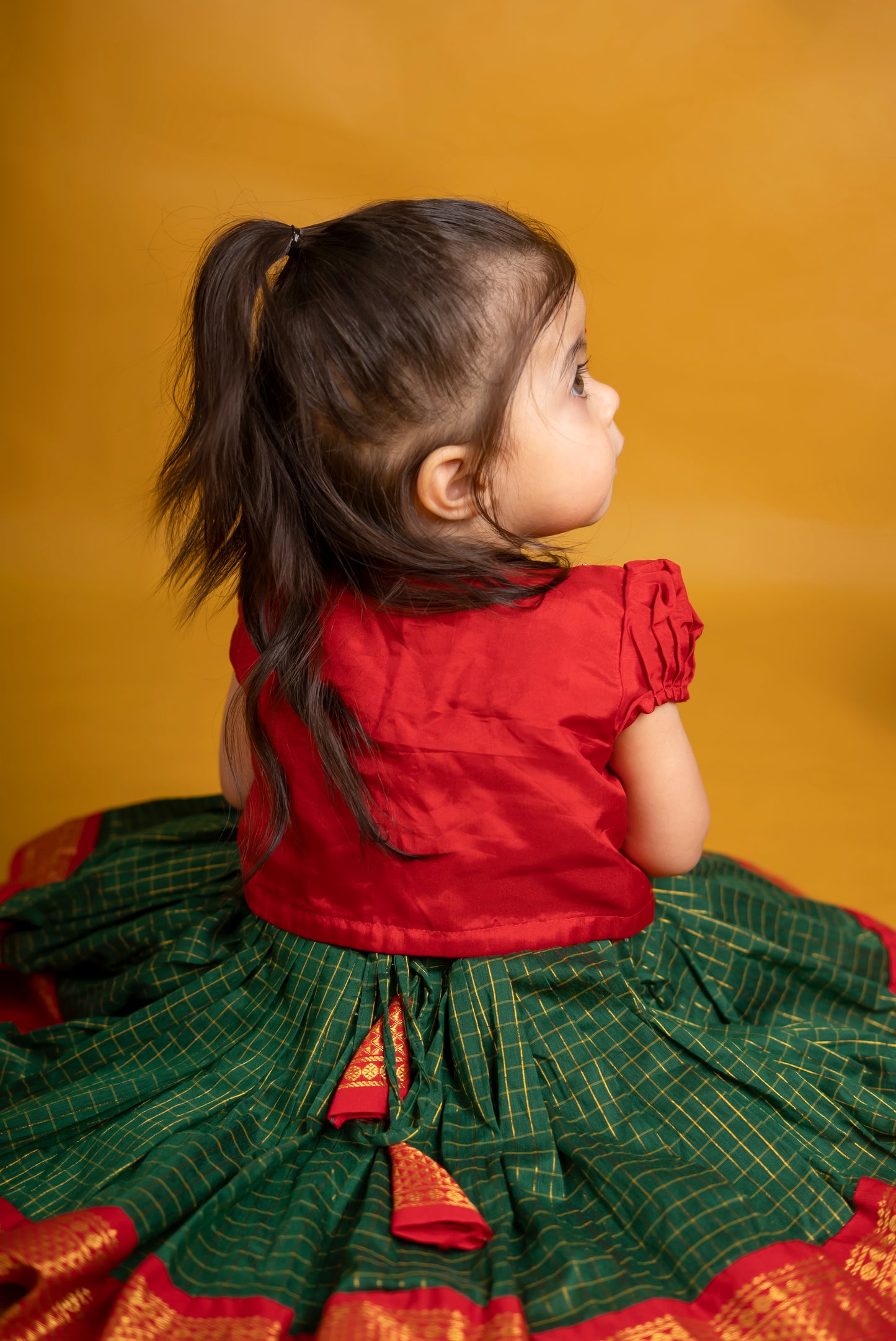 Traditional green and red checked langa jacket ethnic wear for baby girl