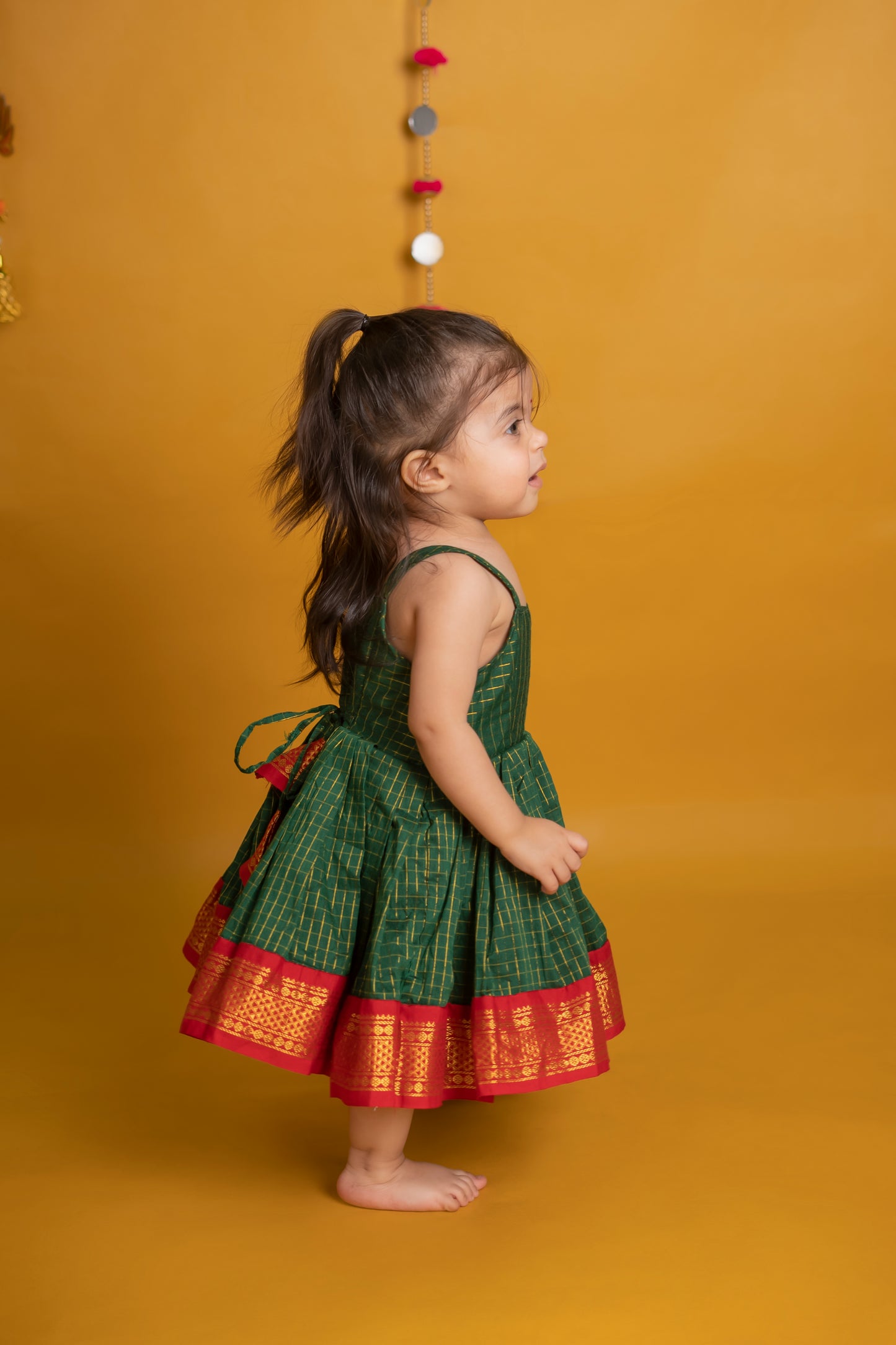 Traditional green and red checked langa jacket ethnic wear for baby girl