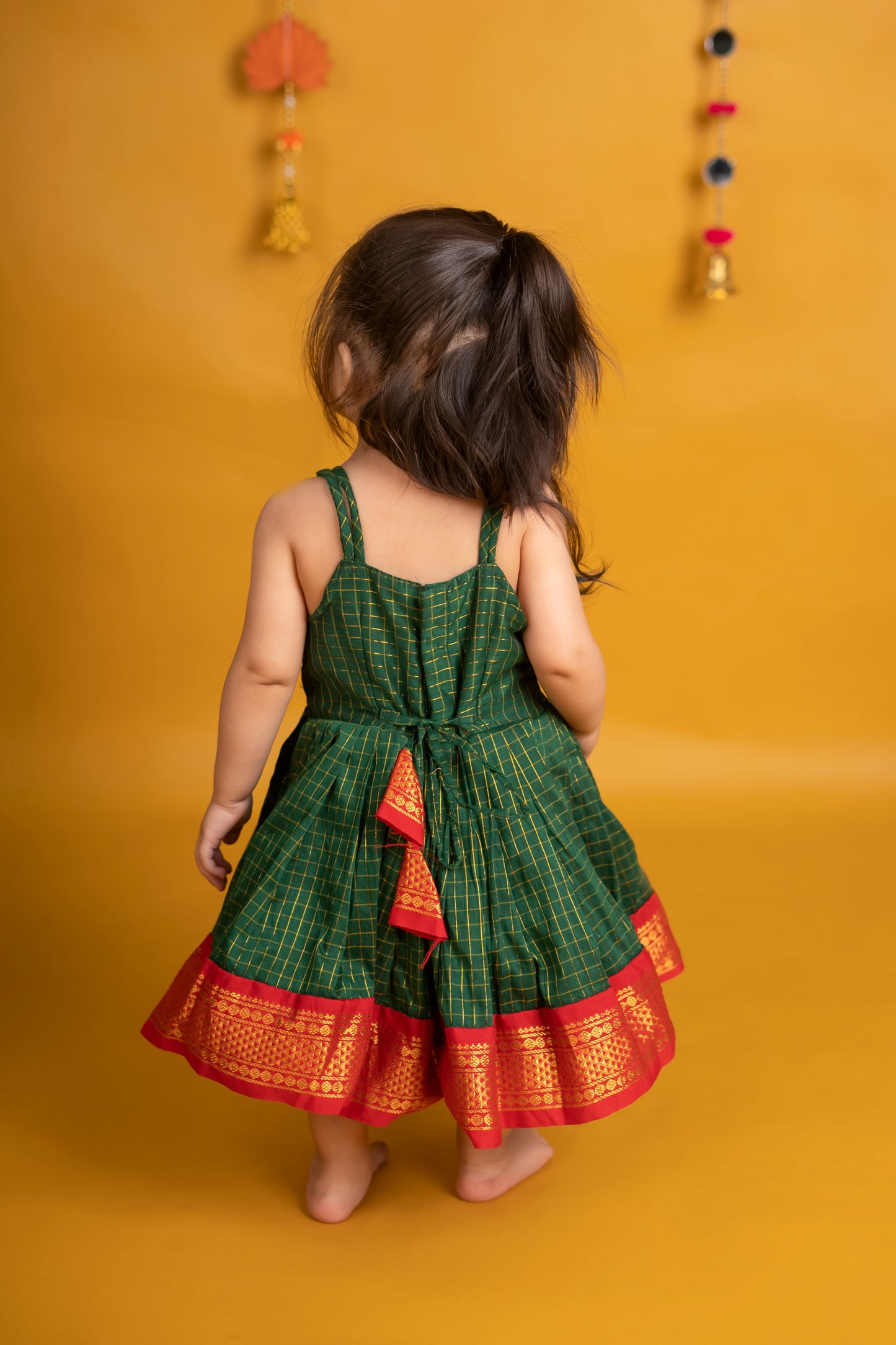 Traditional green and red checked langa jacket ethnic wear for baby girl