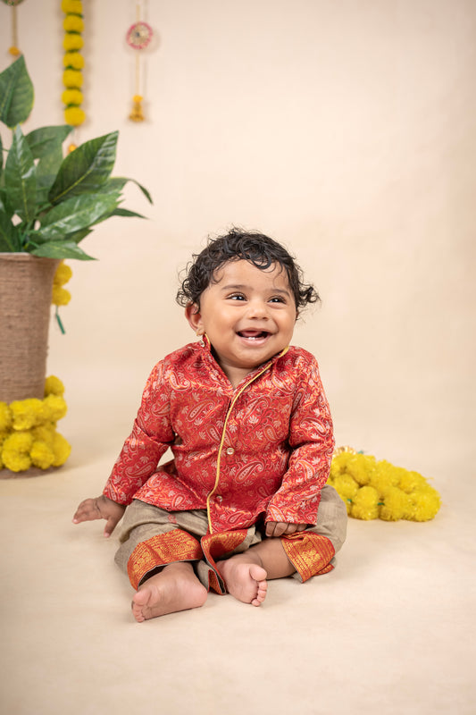 Red and Grey Ethnic Kurta Dhoti Dress for Baby Boy