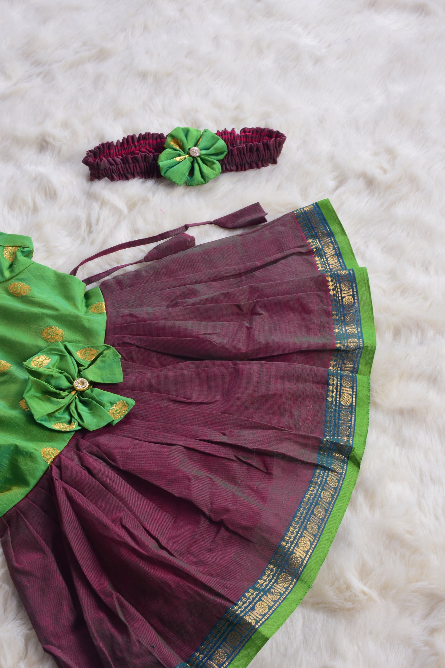 Spring green and brown (Vintage Bow) - Kanchi Cotton Silk South Indian Ethnic Frock for Baby Girl