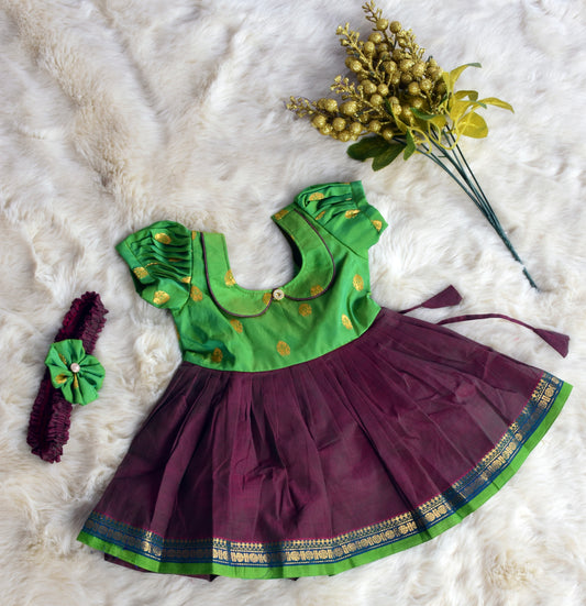 Spring green and brown (Vintage Collar) - Kanchi Cotton Silk South Indian Ethnic Frock for Baby Girl