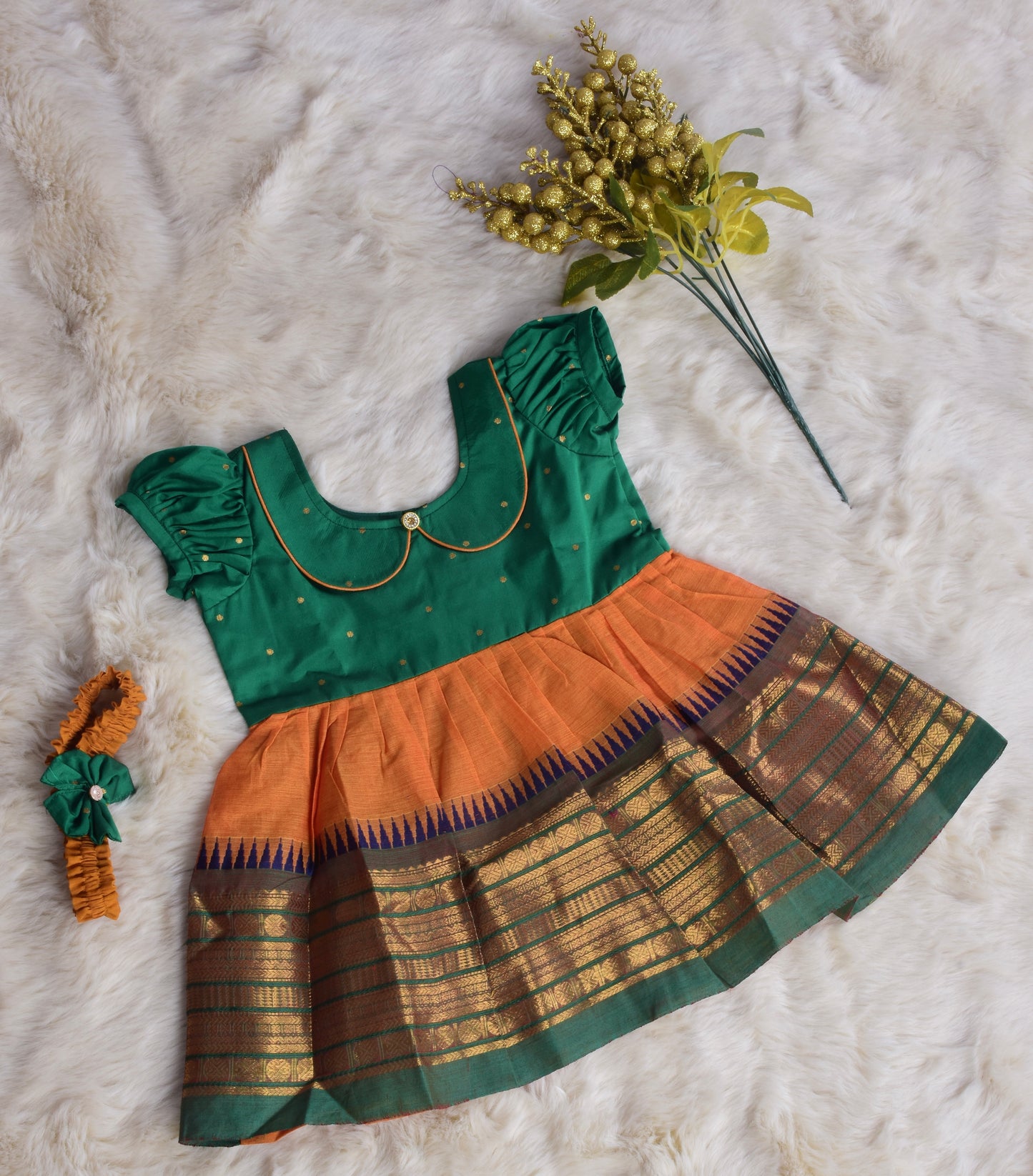 Forest Green and Saffron Orange (Vintage Collar) - Kanchi Cotton Silk South Indian Ethnic Frock for Baby Girl