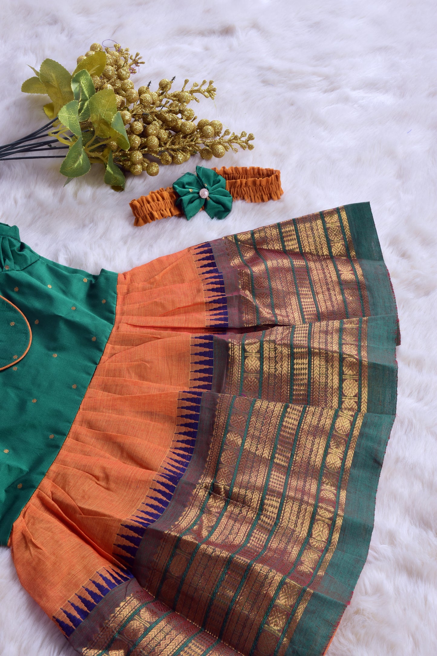 Forest Green and Saffron Orange (Vintage Collar) - Kanchi Cotton Silk South Indian Ethnic Frock for Baby Girl