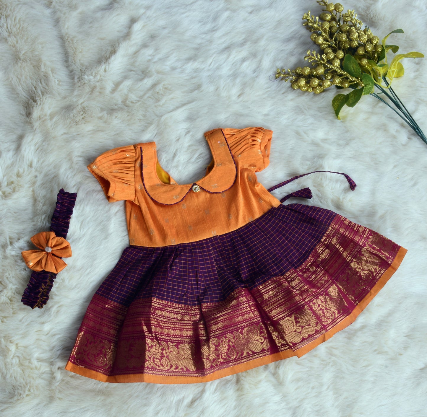 Saffron Yellow and checked purple (Vintage Collar) - Kanchi Cotton Silk South Indian Ethnic Frock for Baby Girl