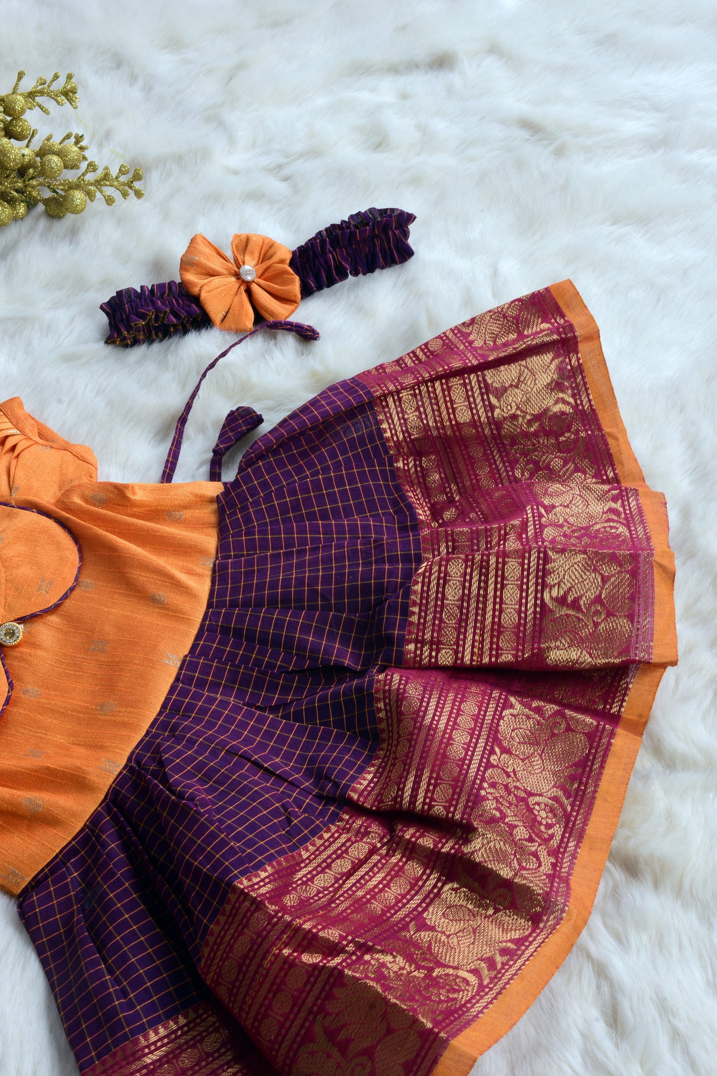 Saffron Yellow and checked purple (Vintage Collar) - Kanchi Cotton Silk South Indian Ethnic Frock for Baby Girl