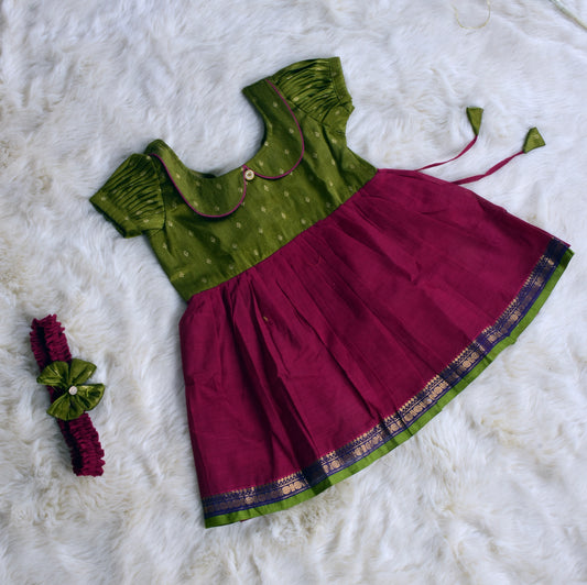 Olive green and dark pink (Vintage Collar) - Kanchi Cotton Silk South Indian Ethnic Frock for Baby Girl