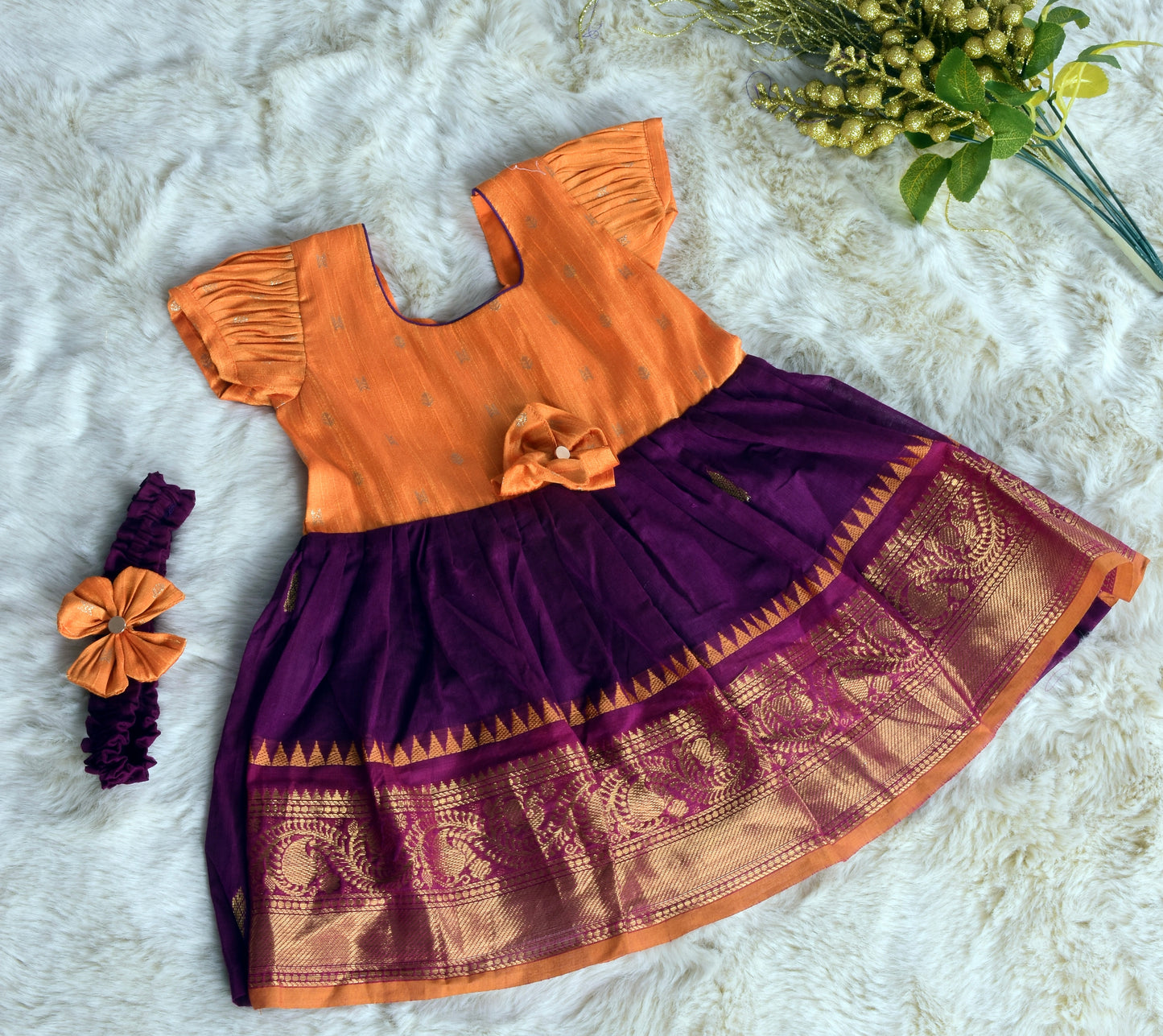Golden Yellow and Wine (Vintage Bow) - Kanchi Cotton Silk South Indian Ethnic Frock for Baby Girl