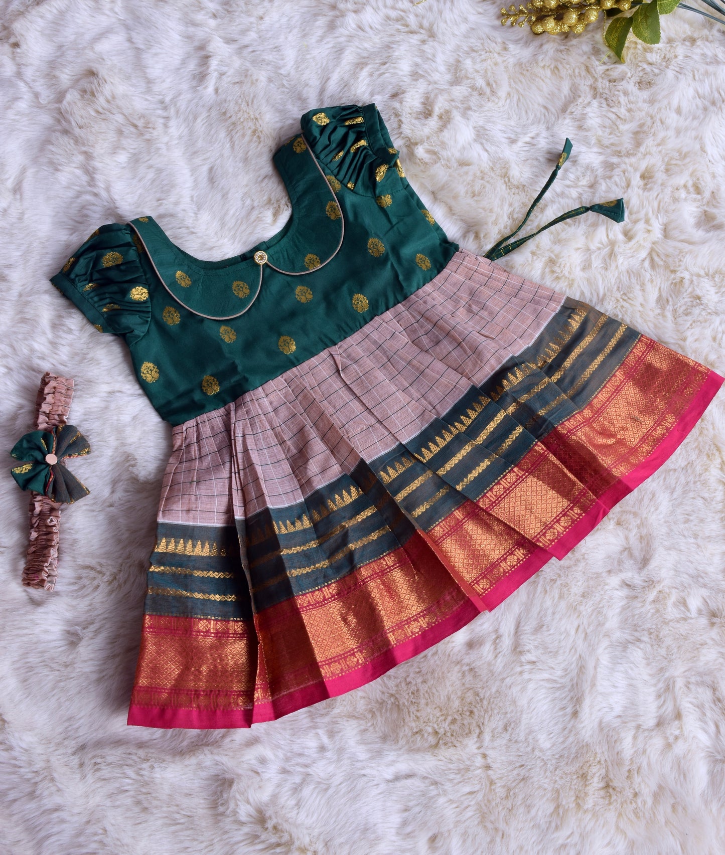 Bottle Green with Salt White (Vintage Collar) Big Border - Cotton Silk South Indian Ethnic Frock for Baby Girl