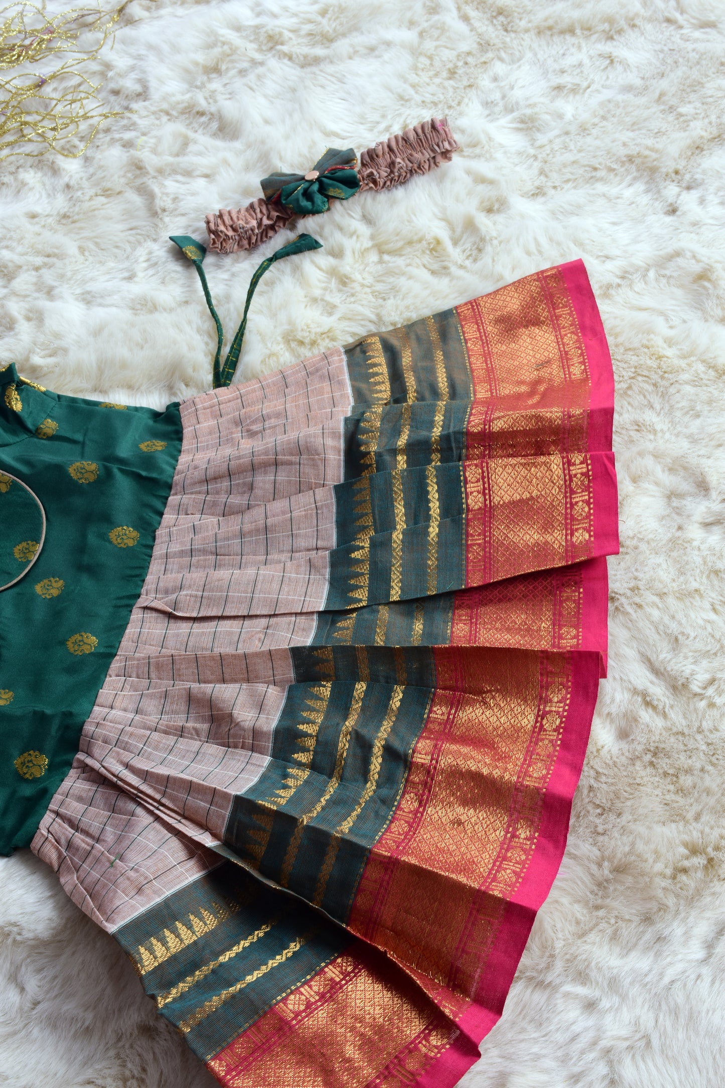 Bottle Green with Salt White (Vintage Collar) Big Border - Cotton Silk South Indian Ethnic Frock for Baby Girl