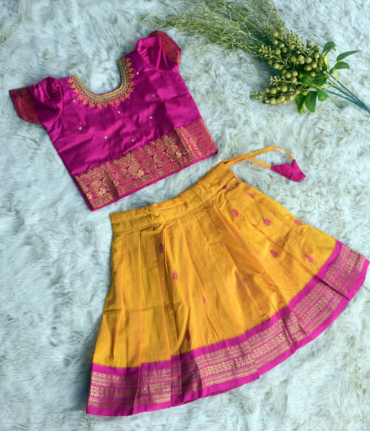 Yellow and pink traditional langa blouse embroidered zari border dress for baby girl