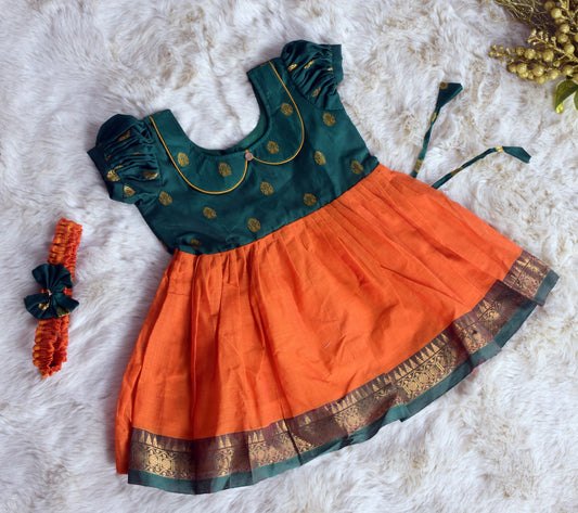 Festive Orange with bottle green (Vintage Collar) Big Border - Kanchi Cotton Silk South Indian Ethnic Frock for Baby Girl