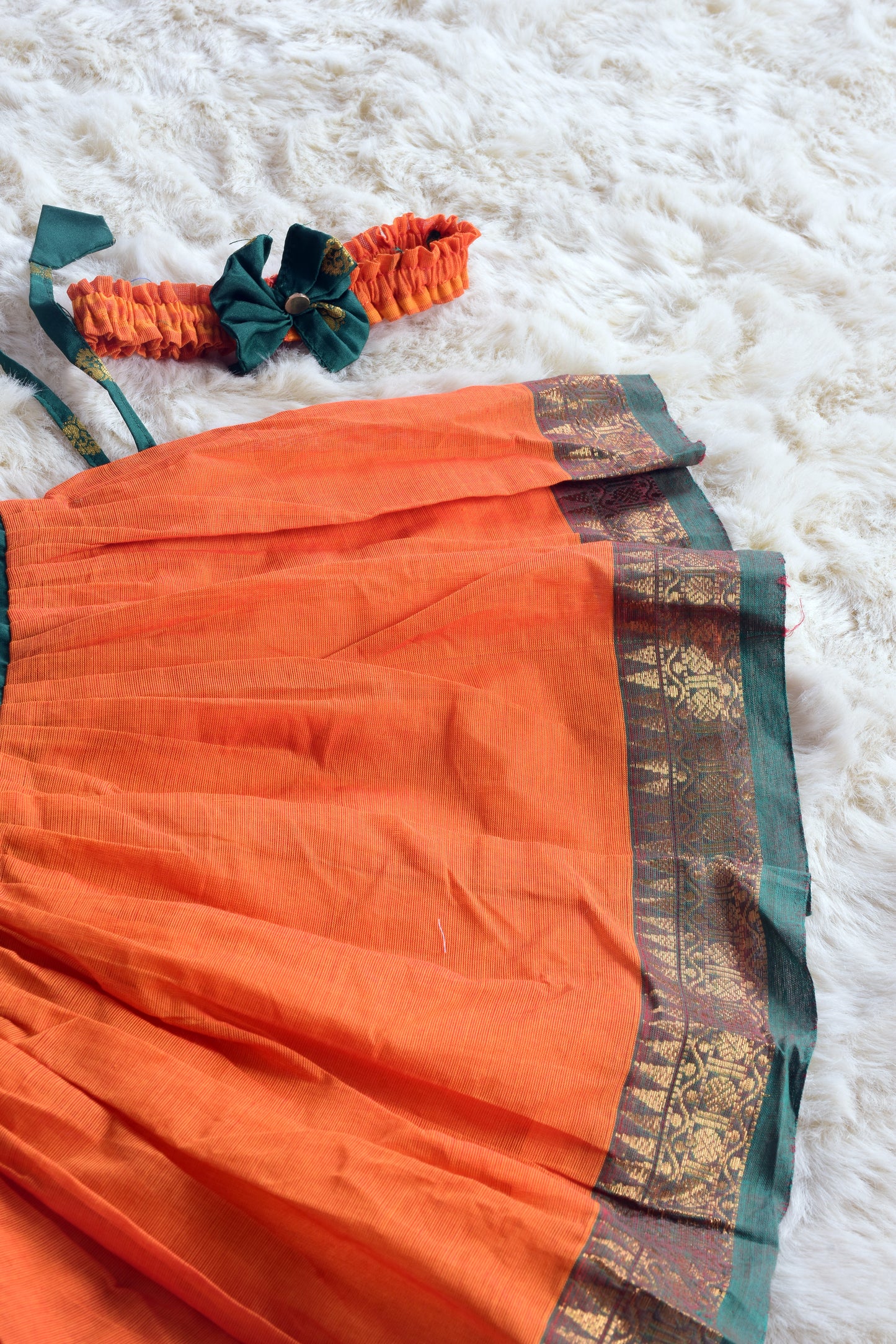 Festive Orange with bottle green (Vintage Collar) Big Border - Kanchi Cotton Silk South Indian Ethnic Frock for Baby Girl
