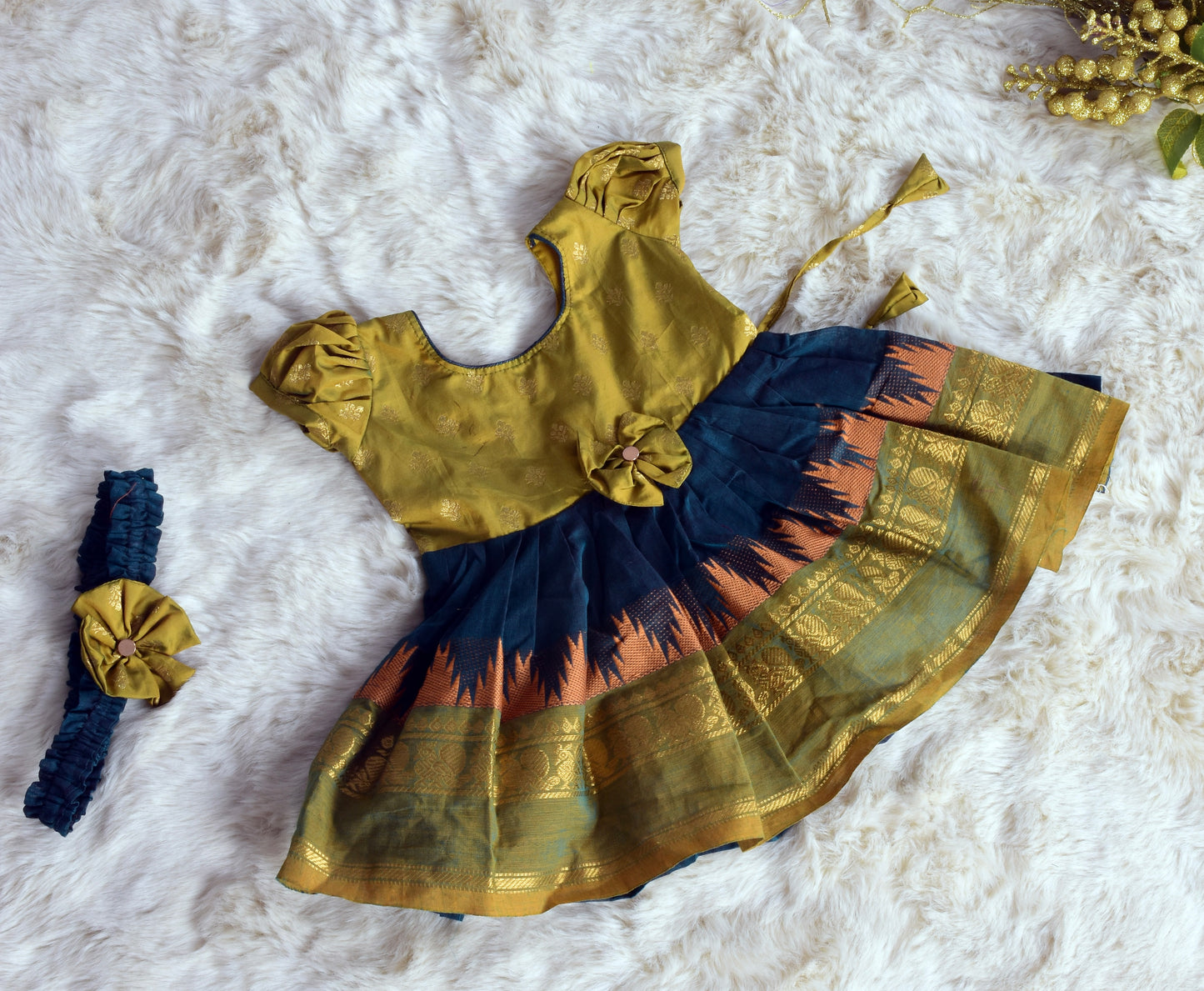 Olive Green with dark blue (Vintage bow) Big Border - Kanchi Cotton Silk South Indian Ethnic Frock for Baby Girl