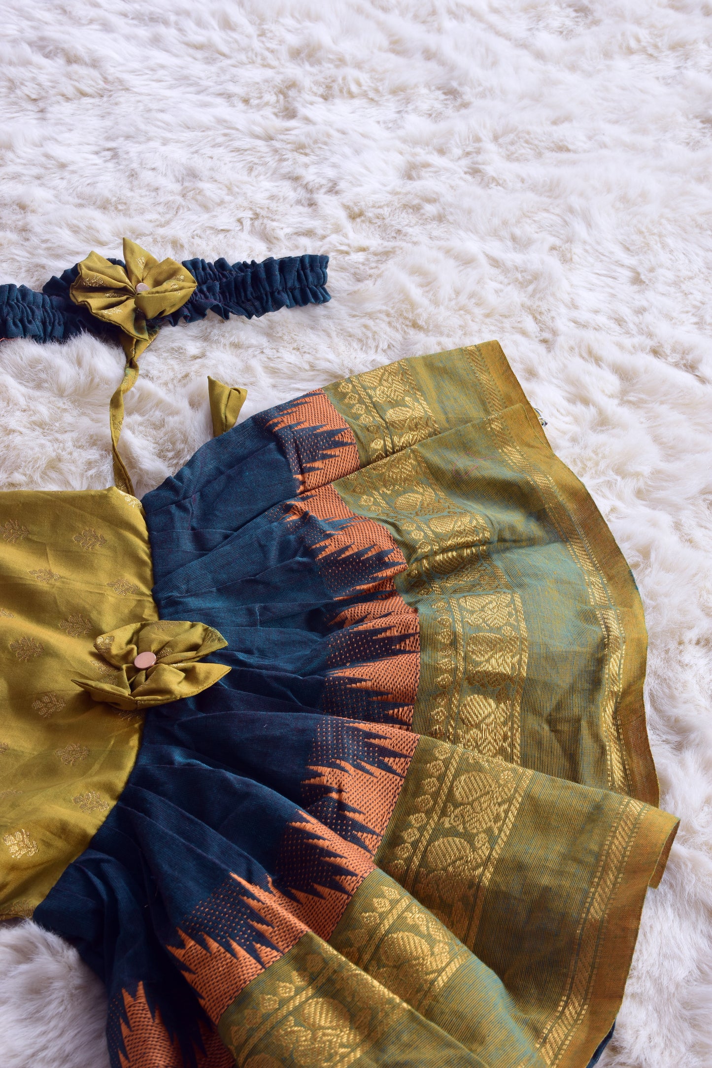 Olive Green with dark blue (Vintage bow) Big Border - Kanchi Cotton Silk South Indian Ethnic Frock for Baby Girl