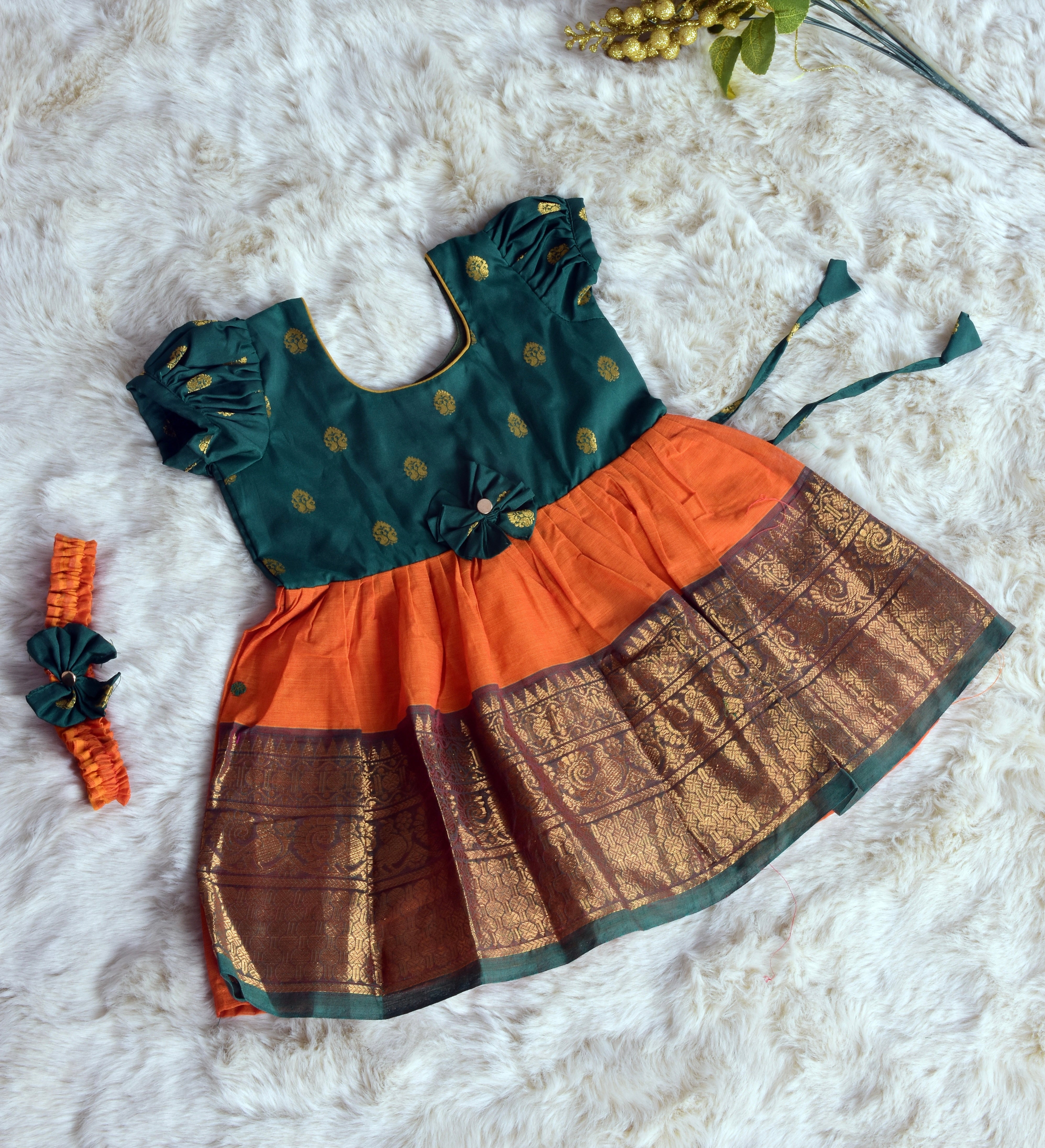 Festive Orange with bottle green (Vintage Bow) Big Border - Kanchi Cotton Silk South Indian Ethnic Frock for Baby Girl