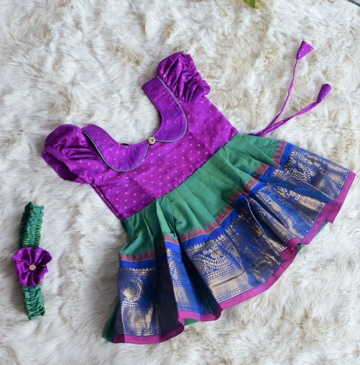 Dual shade pink and pleasant green - Kanchi Cotton South Indian Ethnic Frock for Baby Girl