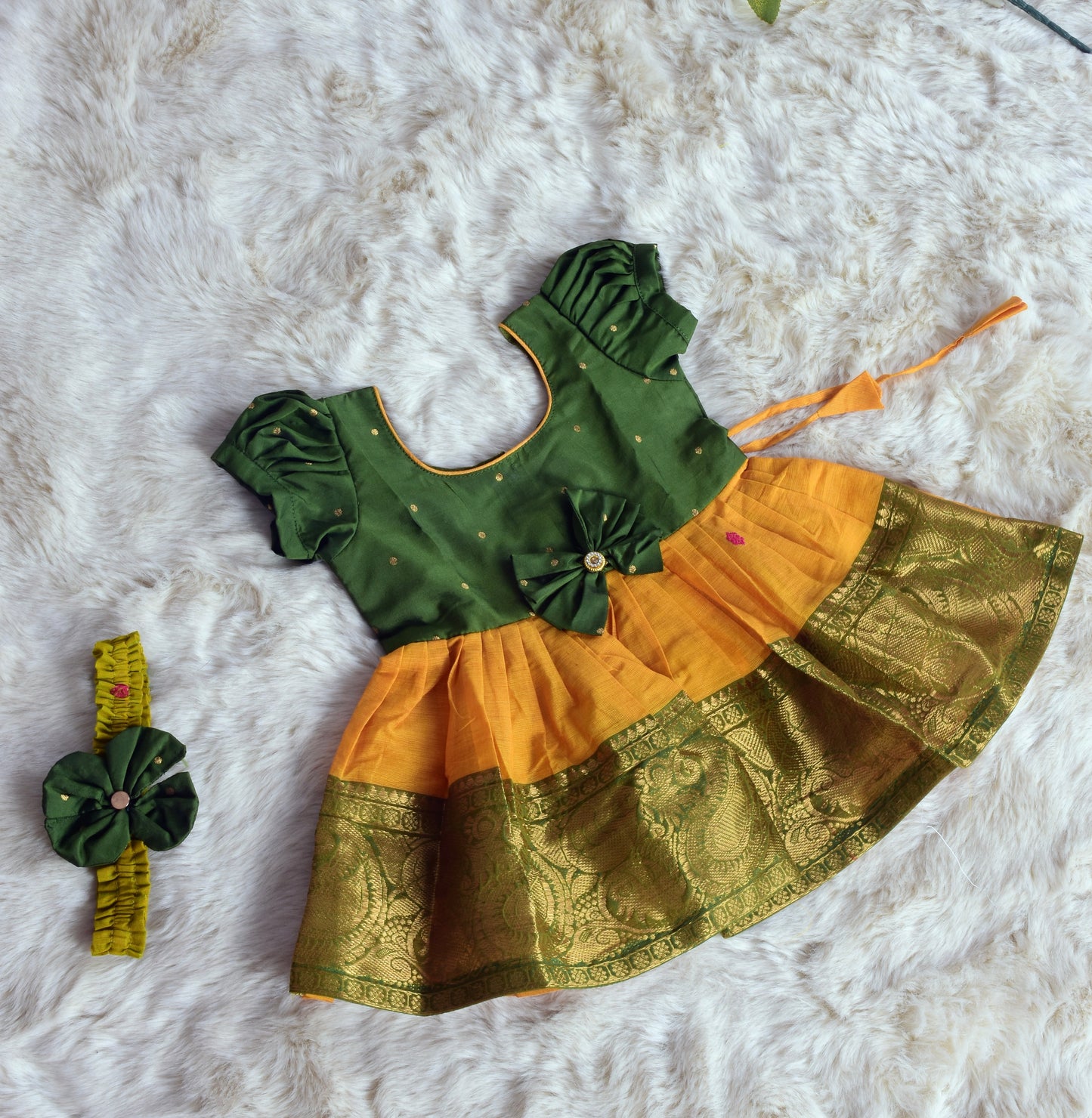 Golden yellow with mehendi green (vintage bow) - Kanchi Cotton South Indian Ethnic Frock for Baby Girl