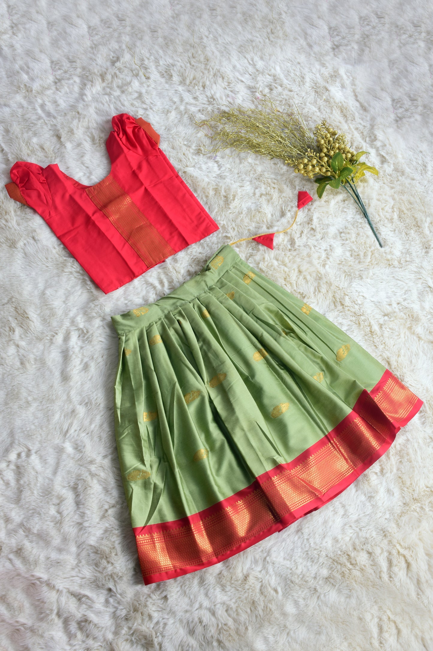 Red and Saraswati green soft silk langa blouse ethnic wear for baby girl