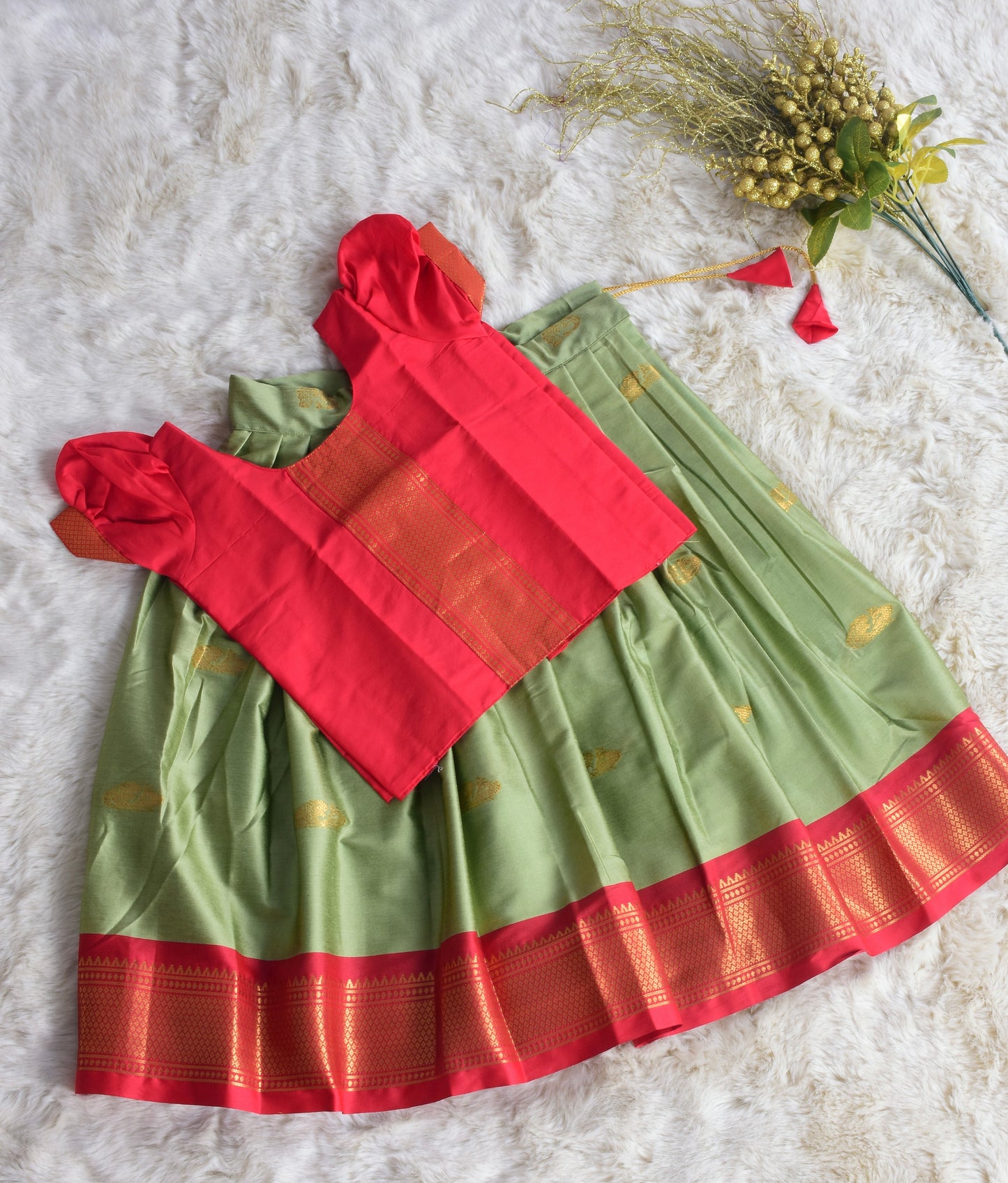 Red and Saraswati green soft silk langa blouse ethnic wear for baby girl