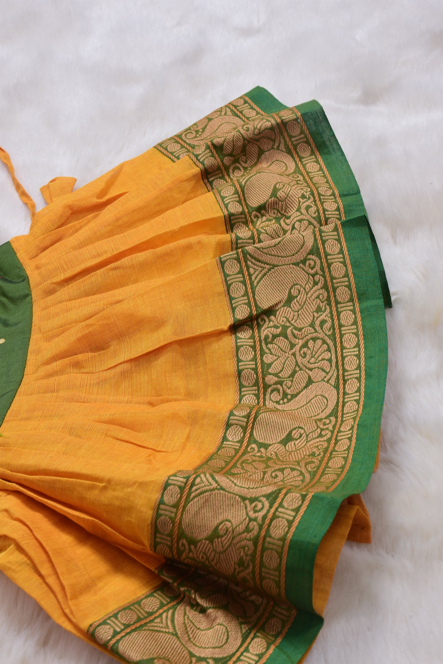 Oil green with mango yellow (Vintage Collar) Big Border - Kanchi Cotton Silk South Indian Ethnic Frock for Baby Girl