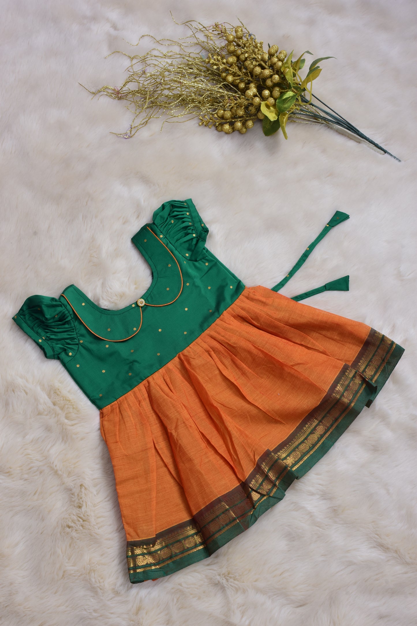 Jungle green with Kesari Orange (Vintage Collar) - Kanchi Cotton Silk South Indian Ethnic Frock for Baby Girl