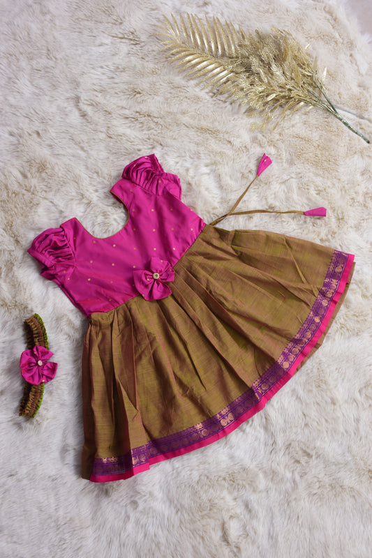 Bright Pink with mud brown (Vintage Bow) - Traditional Ethnic Wear Frock for Baby Girl