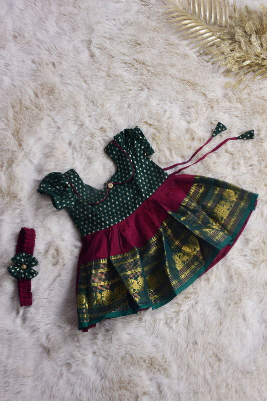 Bottle Green and Reddish pink (Vintage Collar) - Traditional Ethnic Wear Frock for Baby Girl