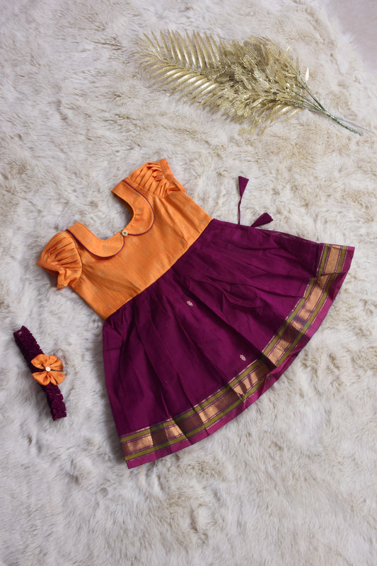 Sunshine Yellow and Wine Pink (Vintage Collar) - Traditional Ethnic Wear Frock for Baby Girl