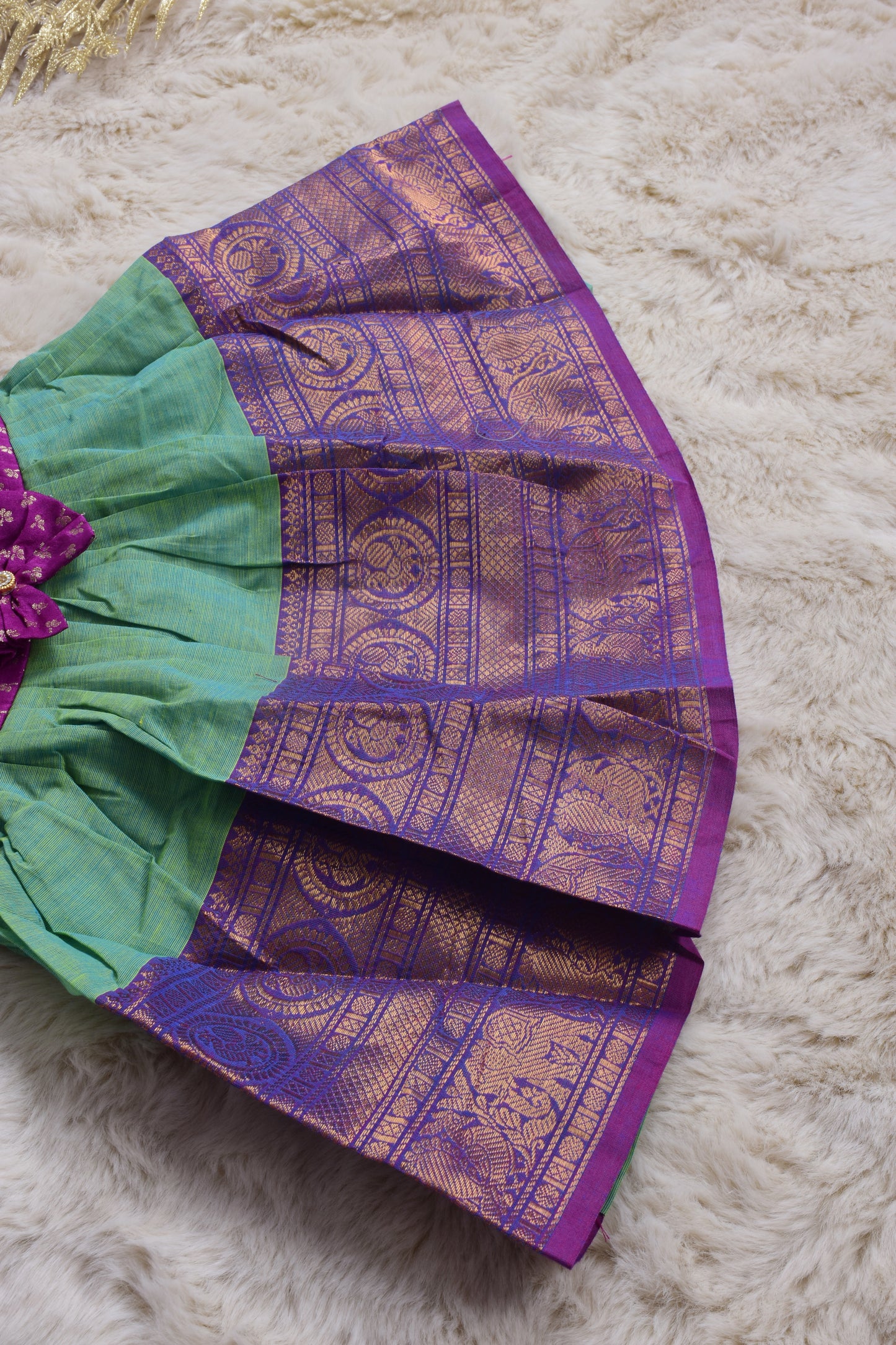 Dark Pink with Dual Blue and Purple Border (Vintage Collar) - Langa Blouse Ethnic Wear Frock for Baby Girl