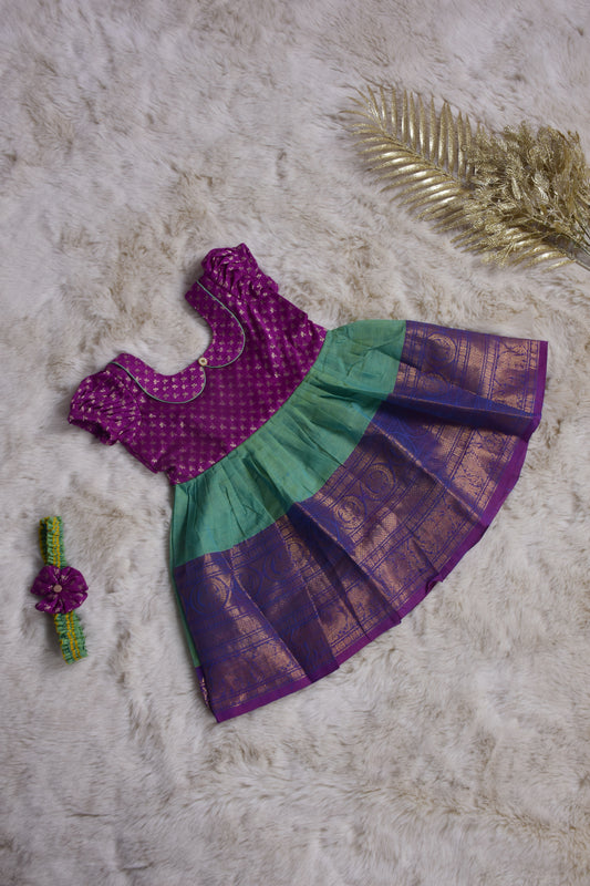 Dark Pink with Dual Blue and Purple Border (Vintage Collar) - Langa Blouse Ethnic Wear Frock for Baby Girl