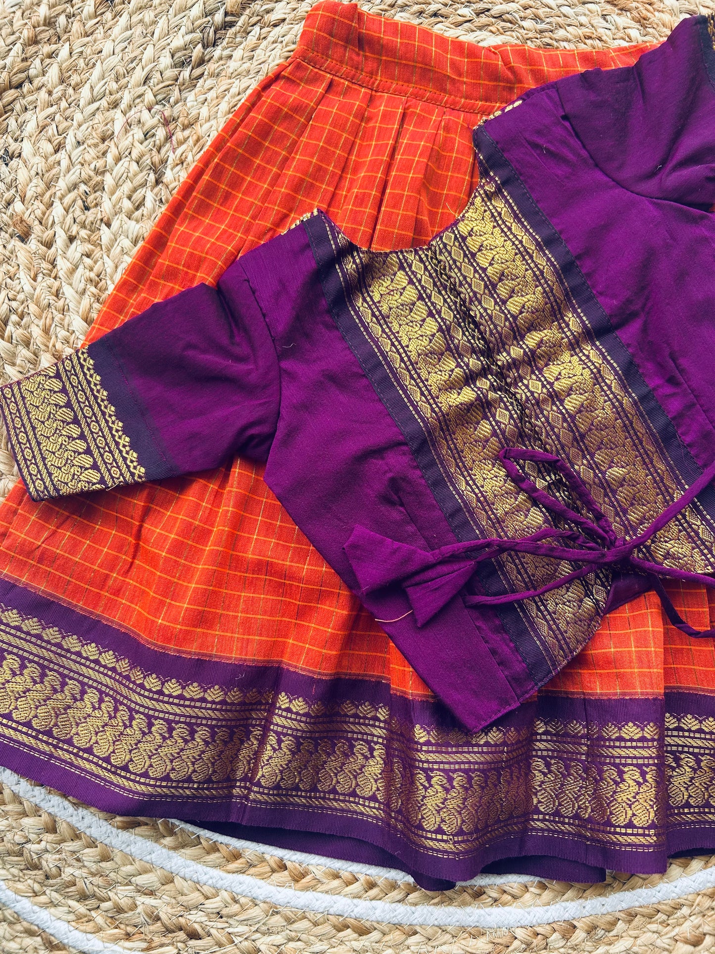 Embroideried Traditional langa blouse / pavadai rust orange with wine for baby girl